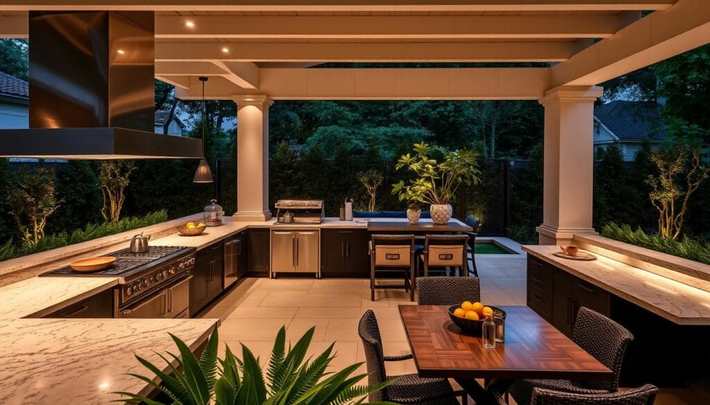 Functional kitchen spaces with cooking stations and seating arrangements
