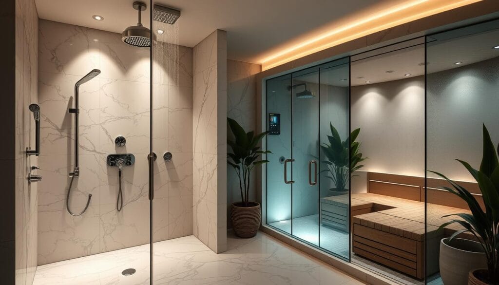 Luxury bathroom with rain shower and steam room features