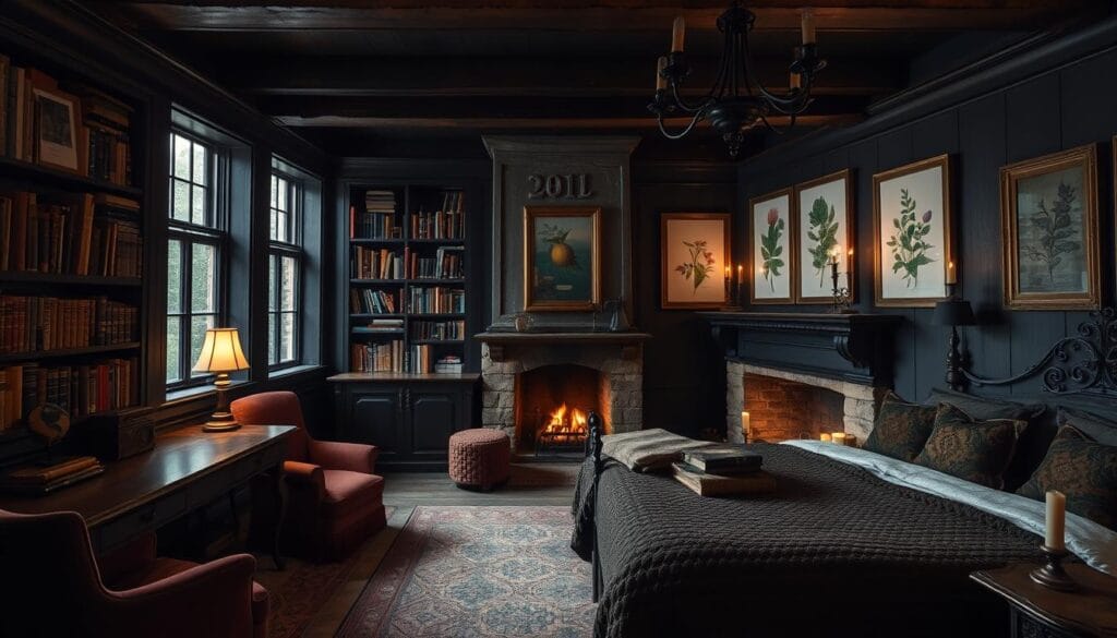 Mixing dark academia and rustic elements in bedroom decor
