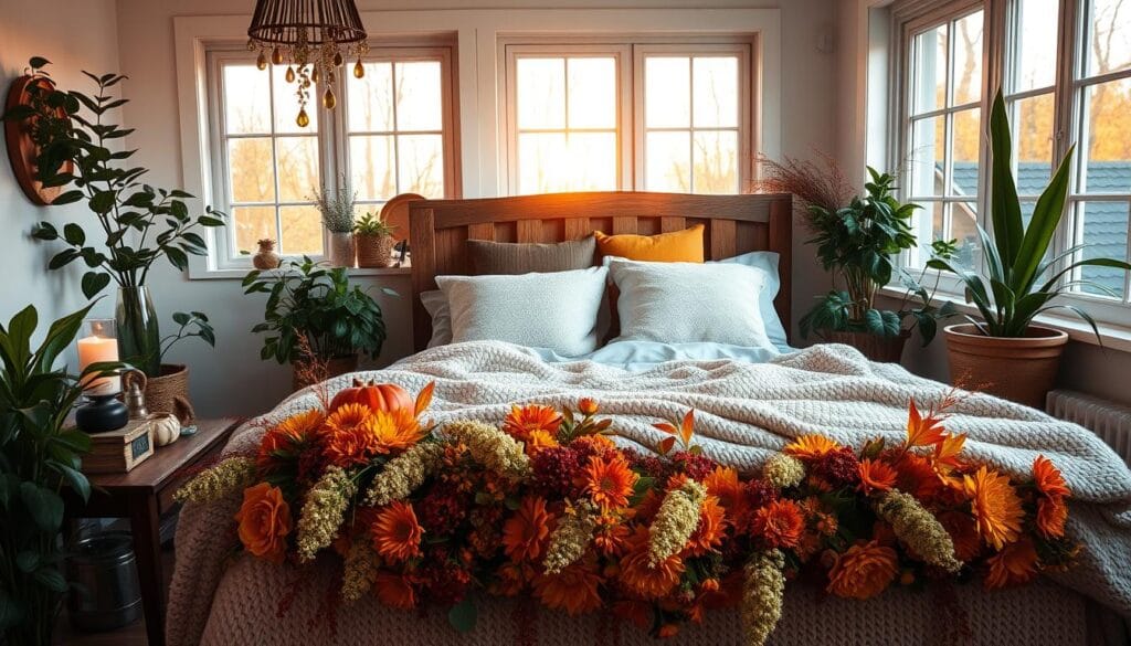 cozy fall decor with seasonal florals and indoor plants