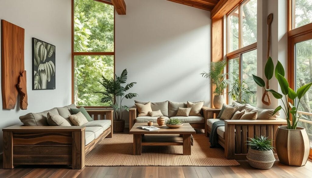 eco-friendly building with reclaimed wood and bamboo furniture