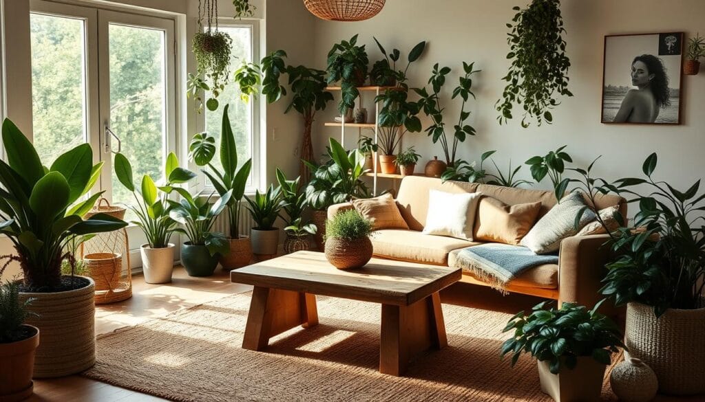 incorporating plants in eco-friendly living room