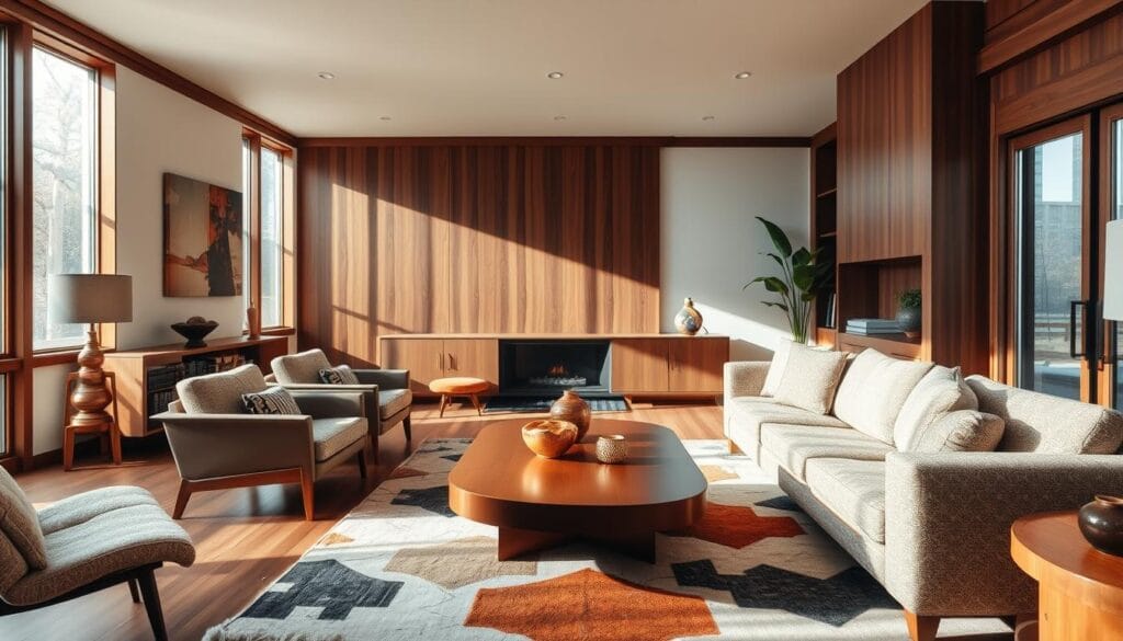 textures and wood finishes in Mid-Century Modern living room